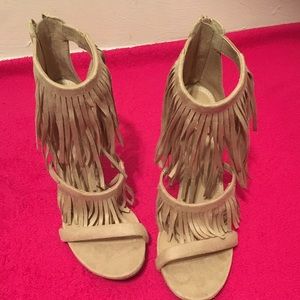 Charlotte Russe "Fiona" beige suede fringe heels.