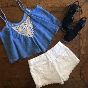 Free People Chambray Tank Top with Crochet Back