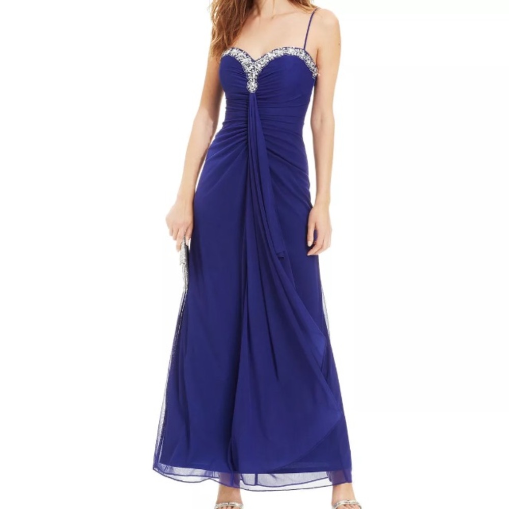 Onyx Sleeveless Jewel-trim Ruched Gown Dress