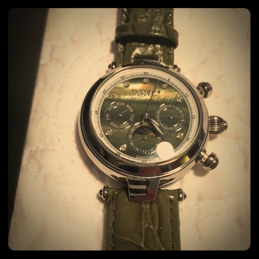 Akribos olive genuine leather automatic watch