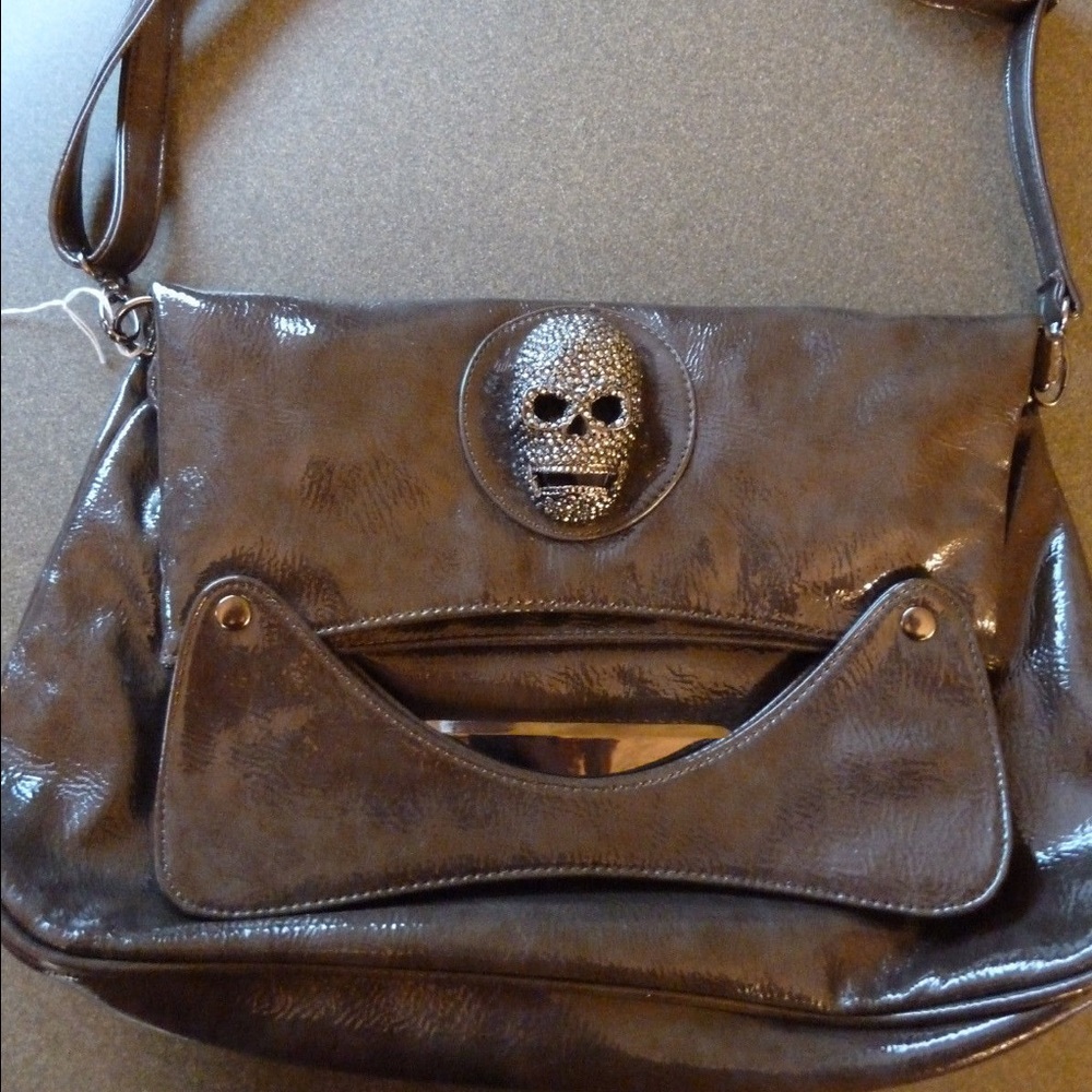Grey shiny sparkle skull purse/clutch