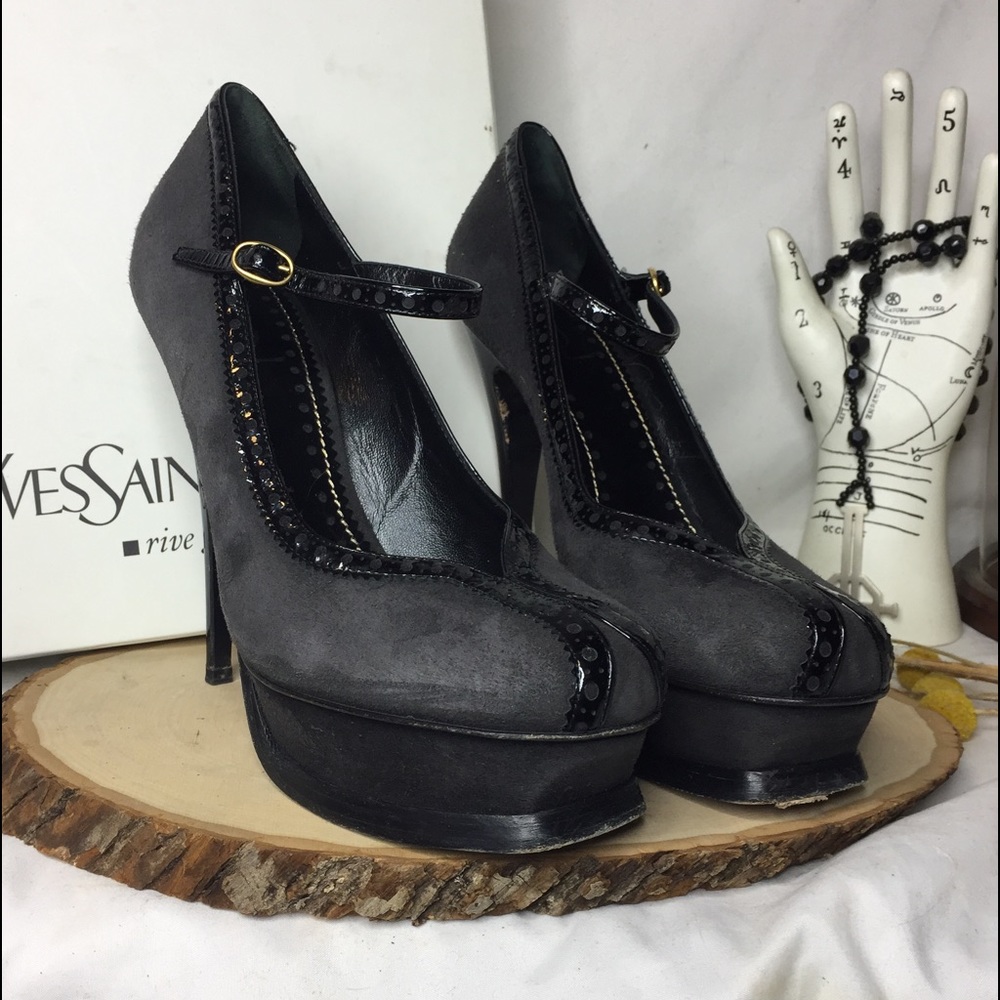 YSL Tribute 105 platform pump in grey suede