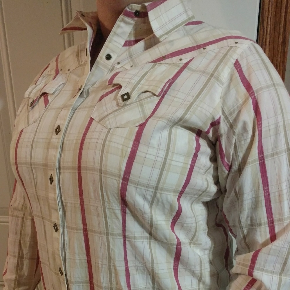 Ariat Pink , white and tan plaid button up shirt