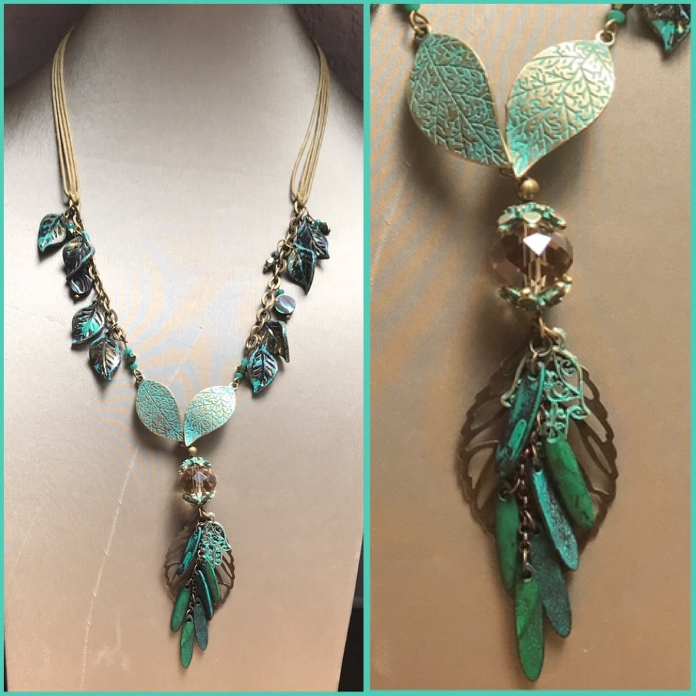 ‼️SOLD‼️Turq brass leaves necklace