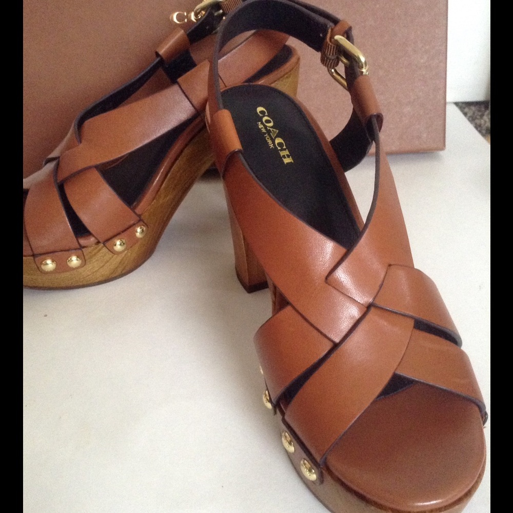 NWB COACH Brown Leather Wood Platform Heel 7.5