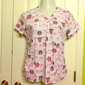 Pink and black owl scrub top
