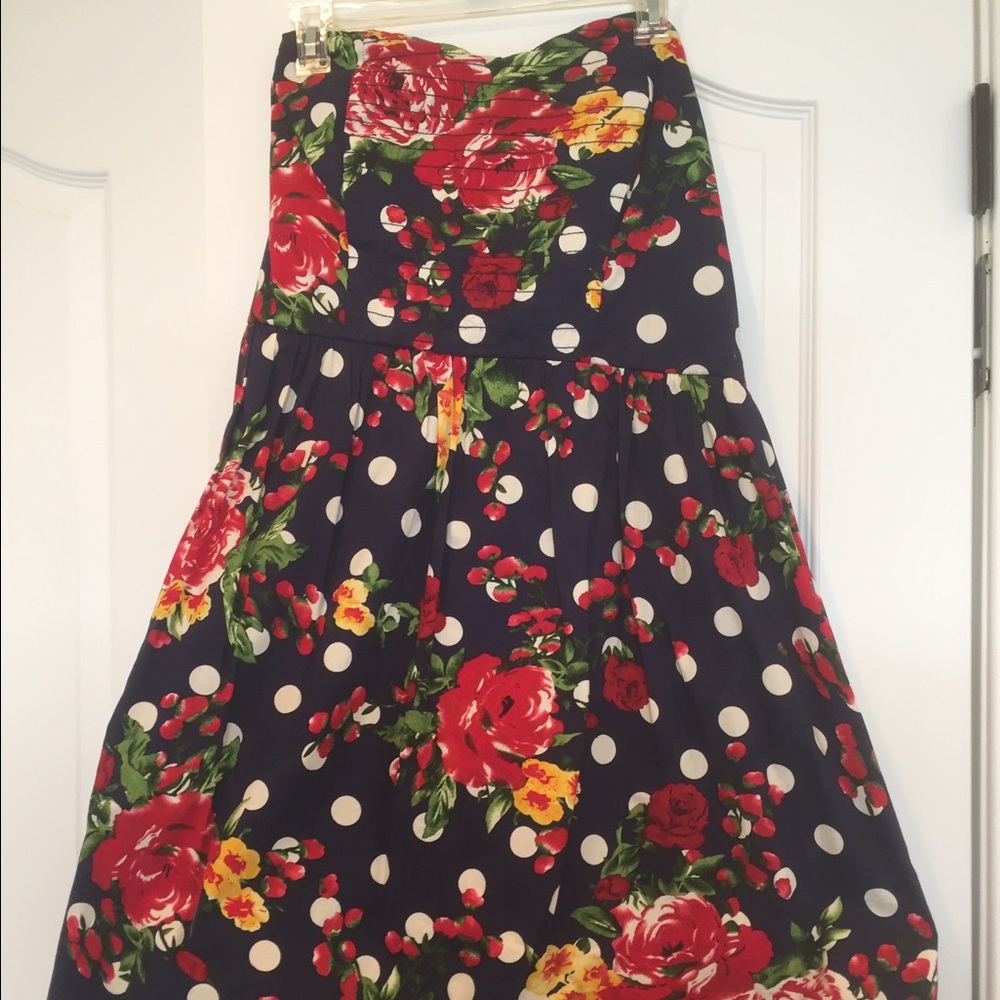 Torrid Strapless Retro Blue Floral Polkadot Dress