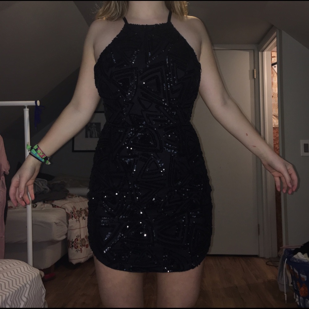 Black sequin halter top formal dress