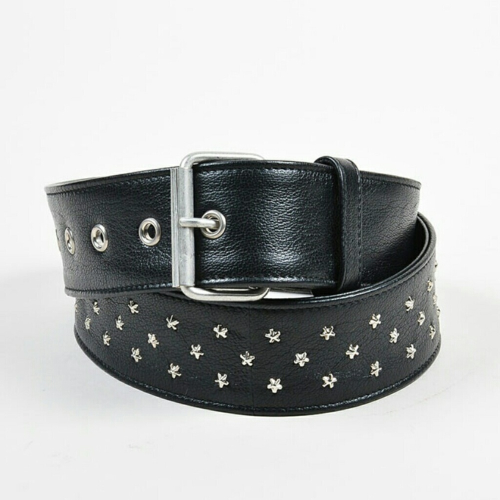 SAINT LAURENT black leather belt silver stars