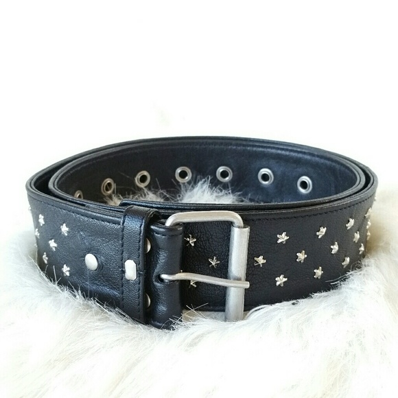 SAINT LAURENT black leather belt silver stars
