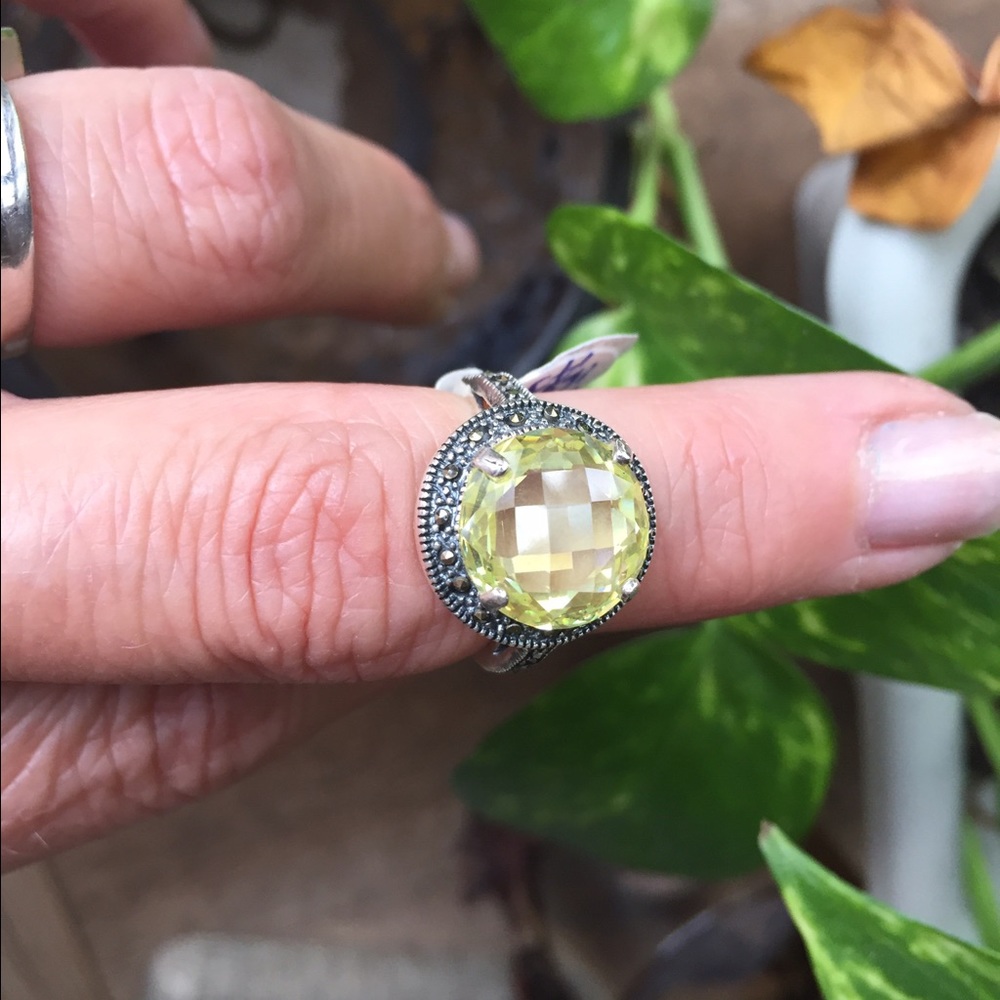 Cushion Cut Yellow CZ and Marcasite Ring .925