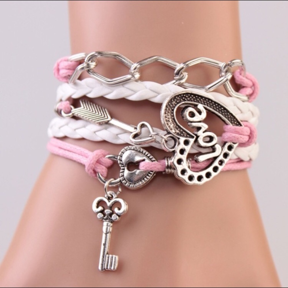 Pink & White Braided Arrow/Love/Key Bracelet