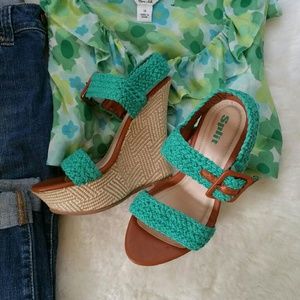 Teal Crochet wedge sandals