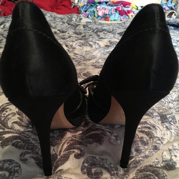 Joan David Strass Black Satin Bow Peep Toe Heels - Picture 2 of 3
