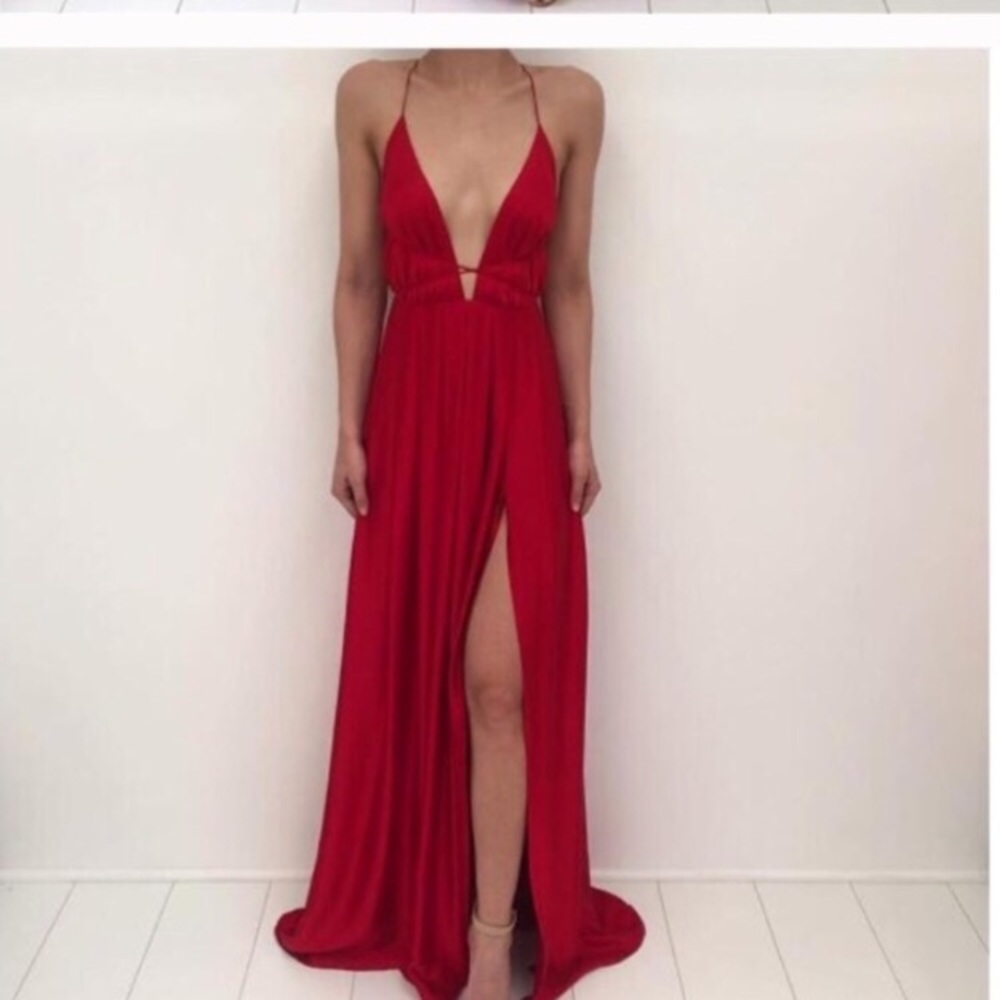 Red Full Length Dress with Leg Slit
