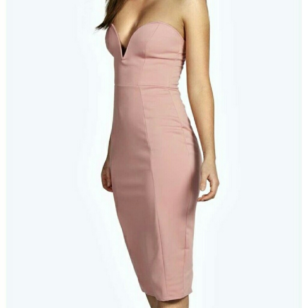 SOLD Tube deep plunge midi light pink dress
