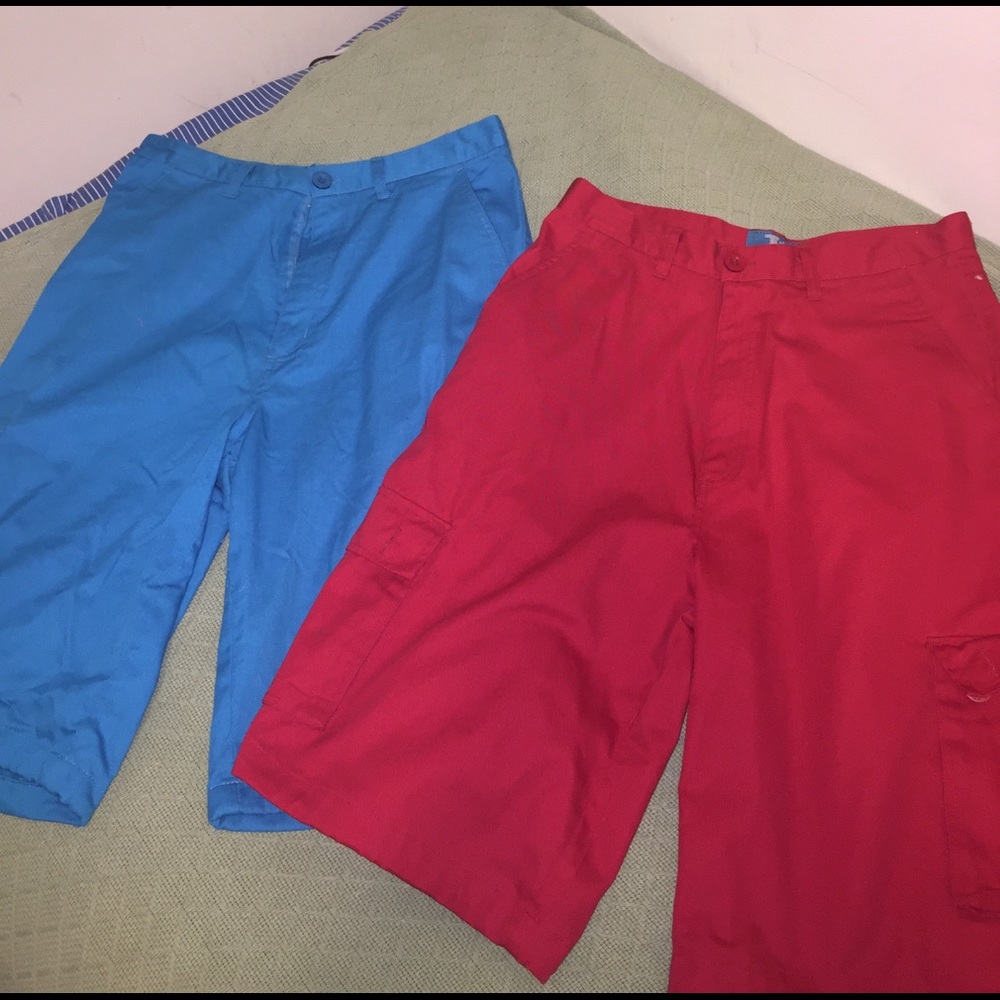Red and blue cargo shorts
