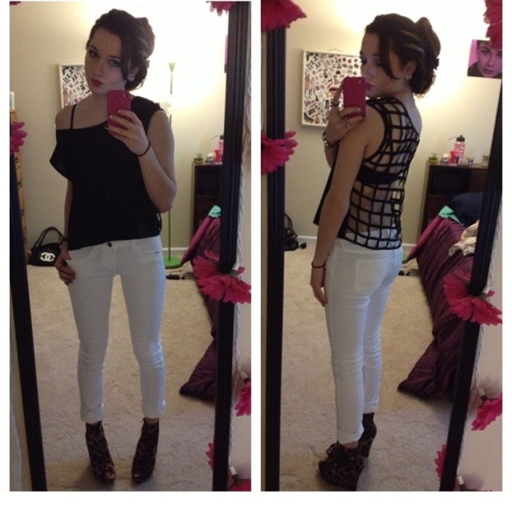 Sheer boxy tee with caged back.