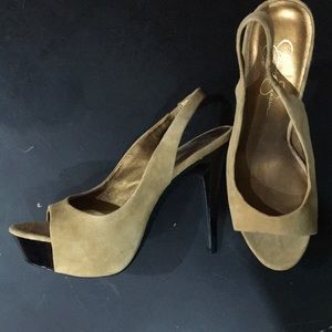 Tan suede peep toe platform slingbacks