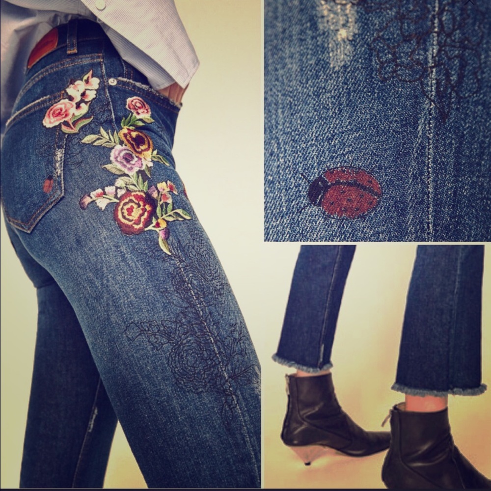 Zara floral embroidered cropped jeans