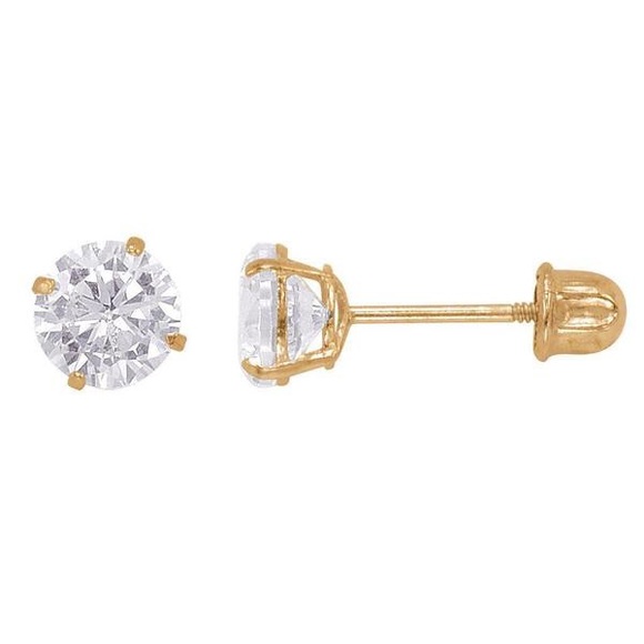 14K Solid Gold 5mm CZ Stud Earrings - Picture 2 of 4