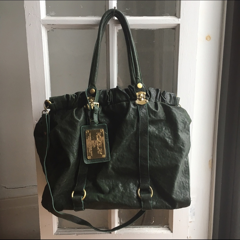Large forest green leather tote bag