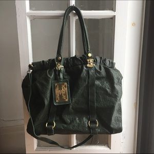 Large forest green leather tote bag