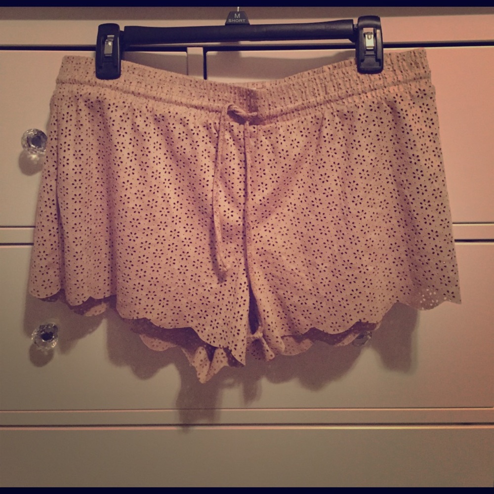 Faux suede scalloped eyelet design shorts