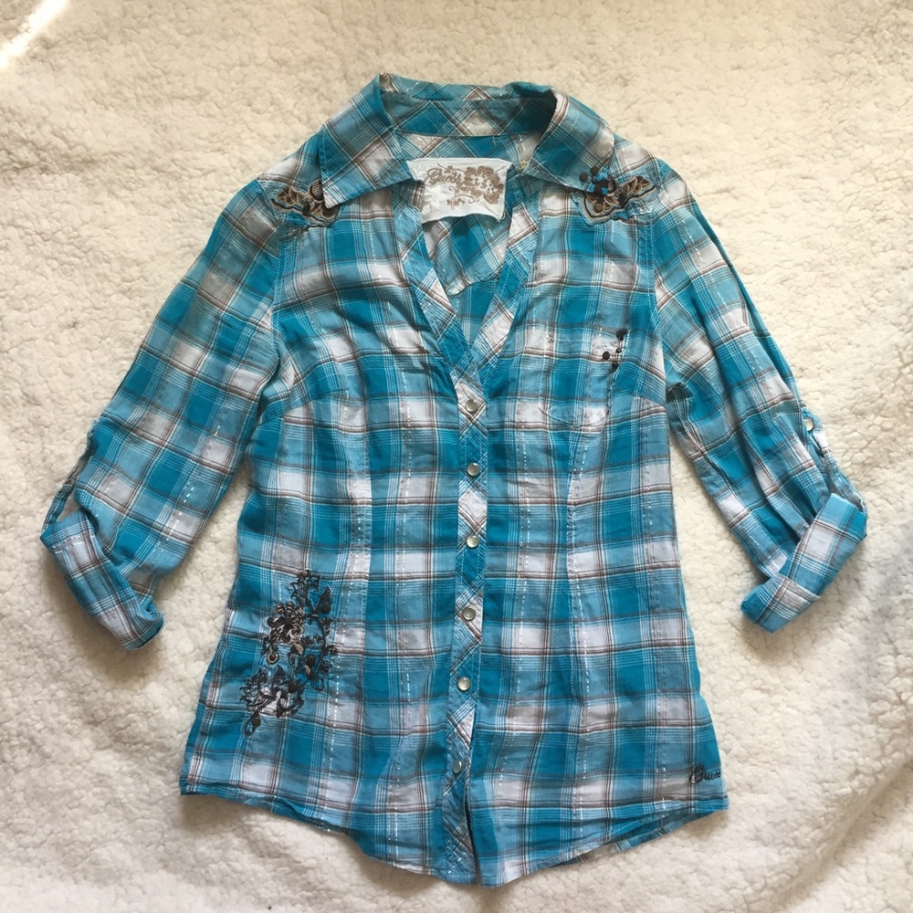 Guess plaid 3/4 length sleeve blouse 💙
