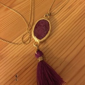 Long pink garnet tassel necklace