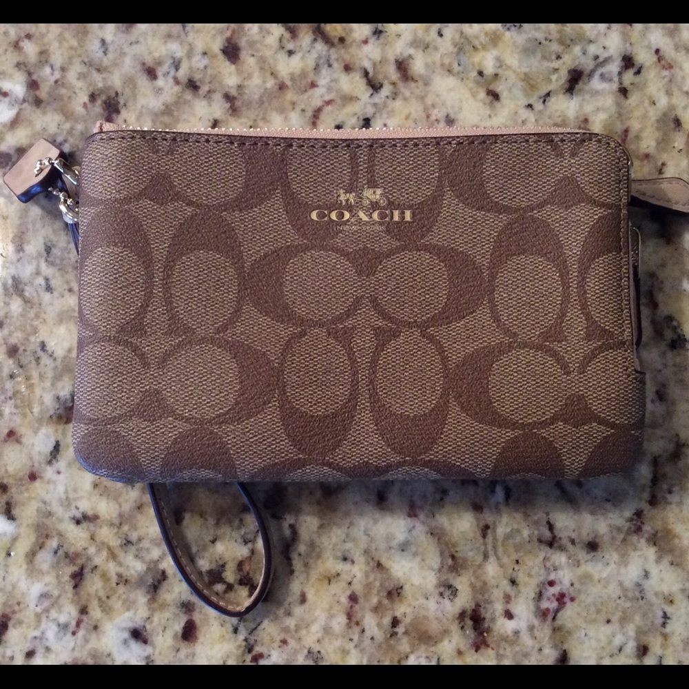 Coach signature khaki double zip wristlet