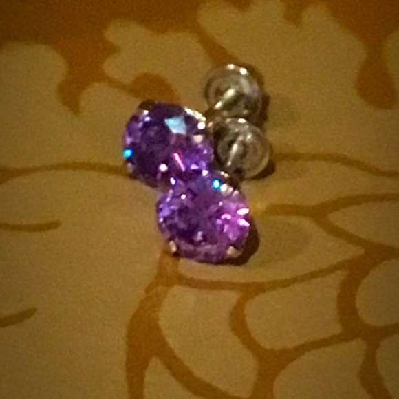 14K White Gold 5mm CZ Amethyst Stud Earrings - Picture 2 of 3