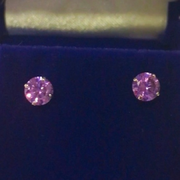 14K White Gold 5mm CZ Amethyst Stud Earrings - Picture 3 of 3