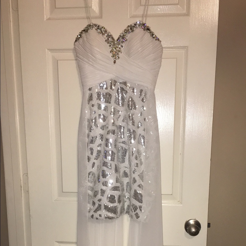 White and Silver sequins High-Low Dress