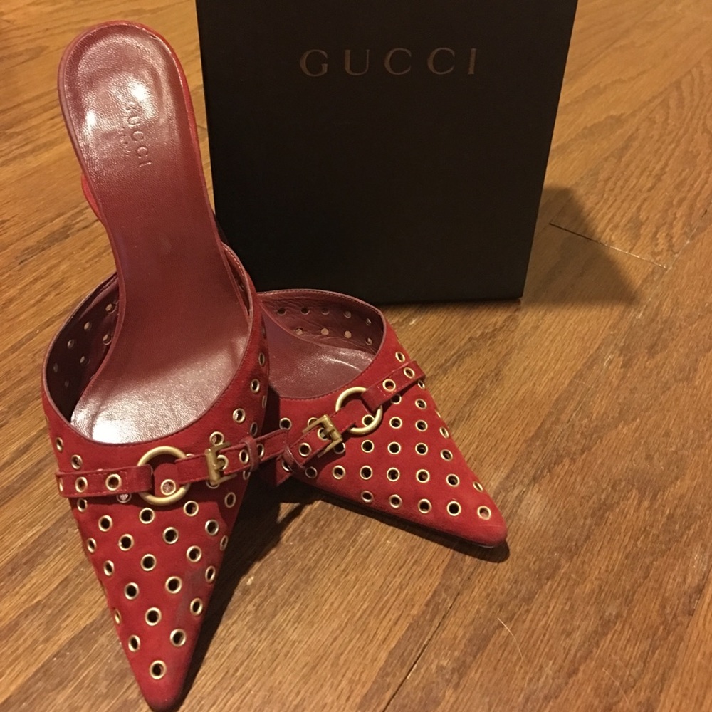 Gucci red suede kitten heel mules