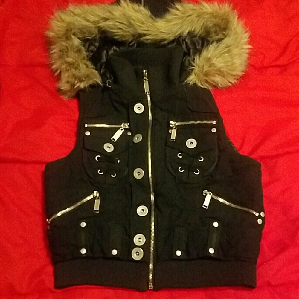Black vest with fur hood