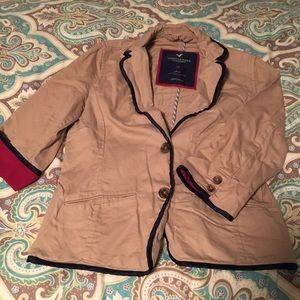 Khaki Blazer with Navy Trim and Pink Liner