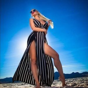 Black & white maxi Dress low plunge double slits