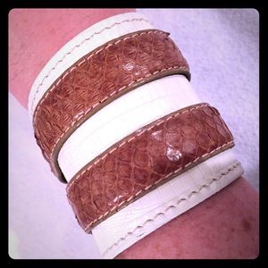 Calderon | Vintage White and Tan Leather Snap Cuff