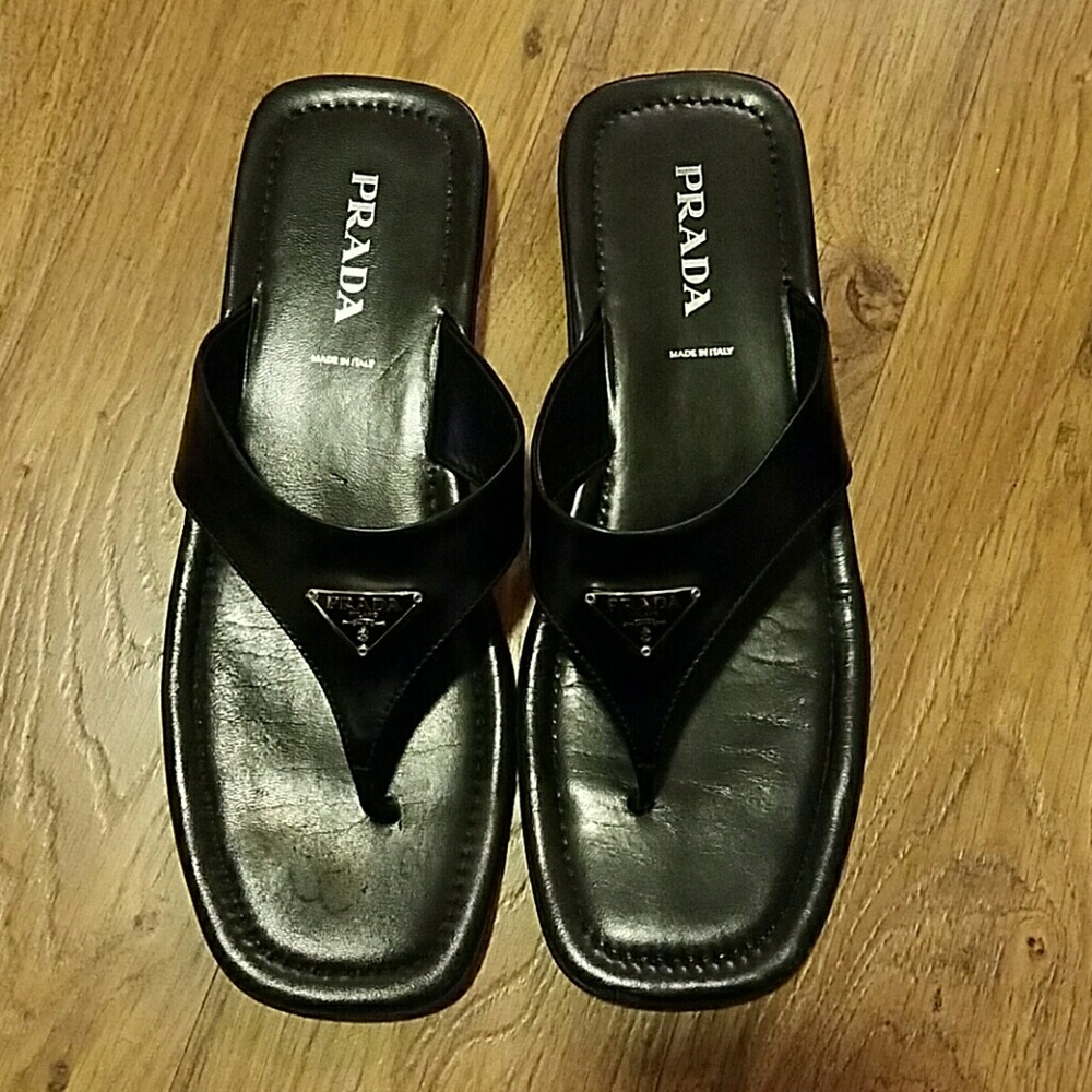 Prada Black Leather Flip Flops