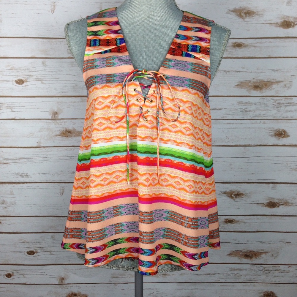 {Gianni Bini} Multi-print Lace-up Blouse Top, $79