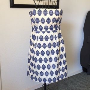 J. Crew Strapless Cream and Blue Patterned Dress.
