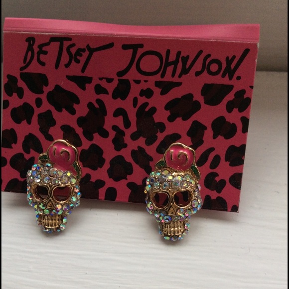 NWOT Betsey Johnson Pink Skeleton Stud Earrings - Picture 2 of 4