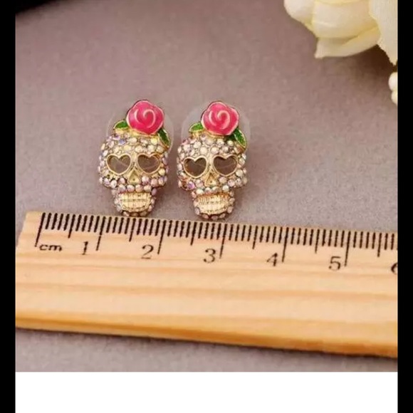 NWOT Betsey Johnson Pink Skeleton Stud Earrings - Picture 4 of 4