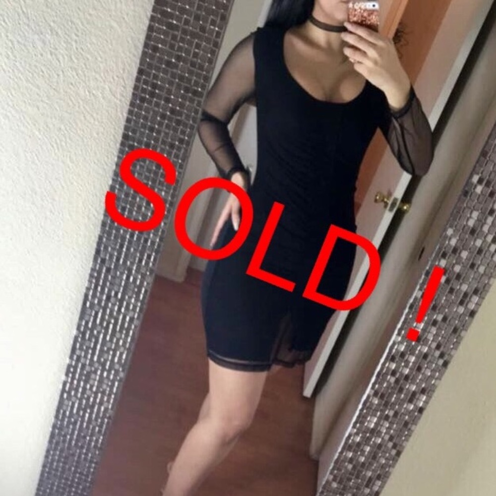 Mesh detailed mini black dress