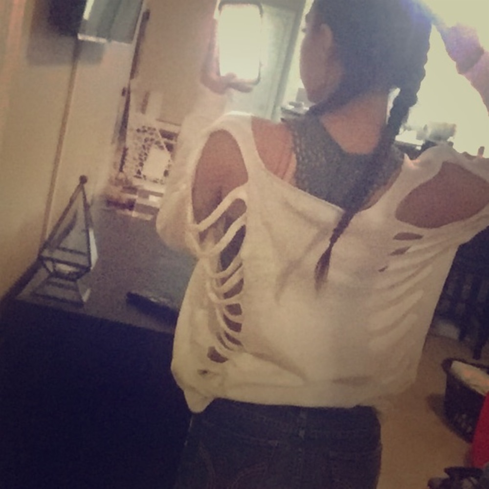 Forever 21 White Sweater Open Back Holes S