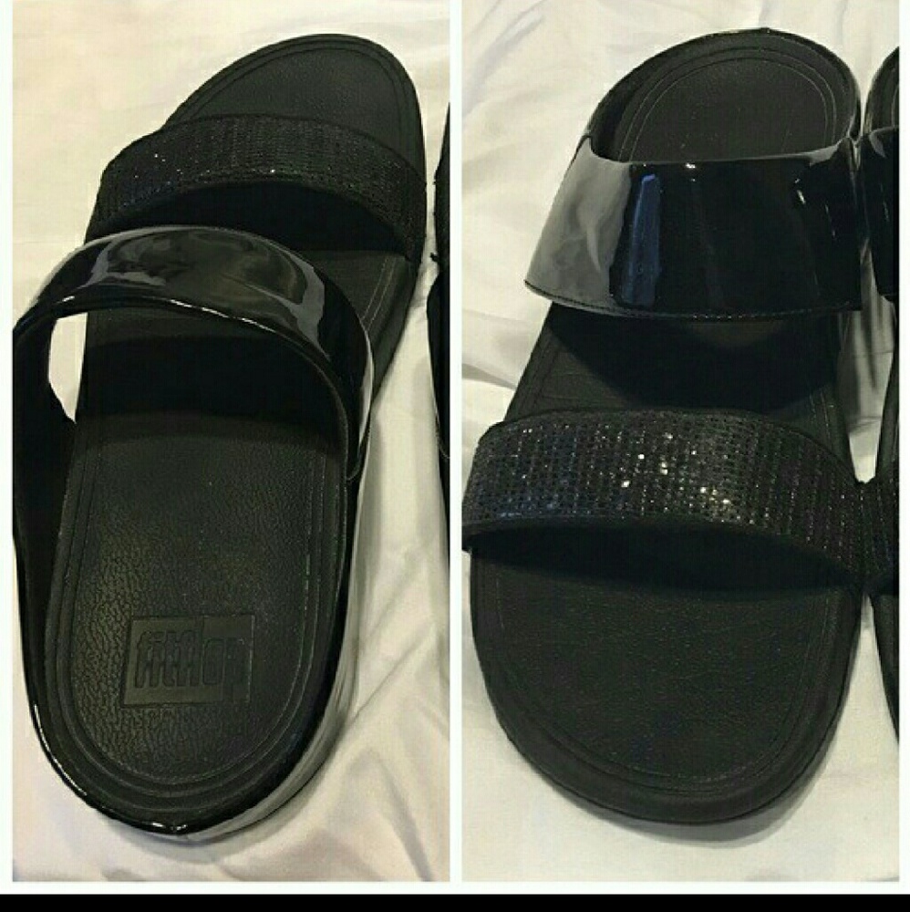 FitFlop two-strap sparkly/patent leather sandals