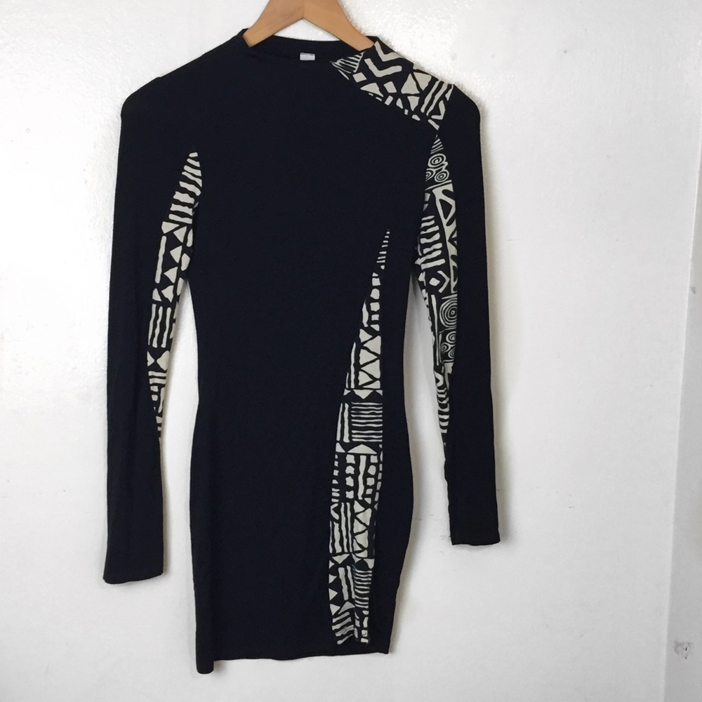GoJane Black Aztec Print Long Sleeve Bodycon Dress