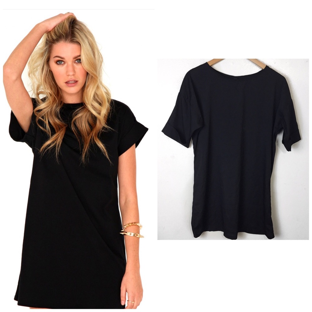Black T shirt Dress with Cuffed Sleeve ONE Size
