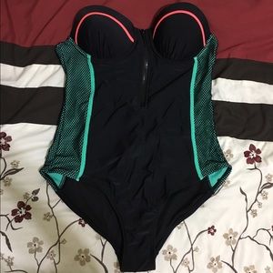 Mint, black and pink one piece bathing suit